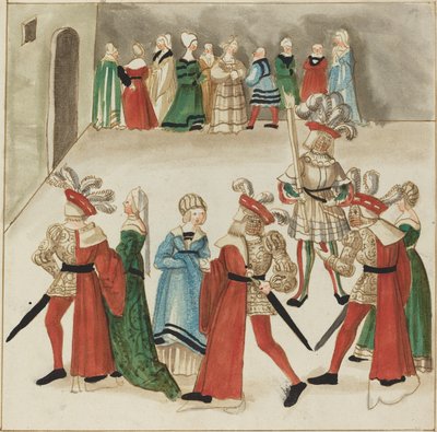 Kolme punaviittistä miestä tanssimassa kumppaniensa kanssa tekijältä German 16th Century