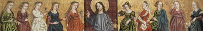 Salvator Mundi viisaiden ja tyhmien neitsyiden tukemana, n. 1500 tekijältä German Master