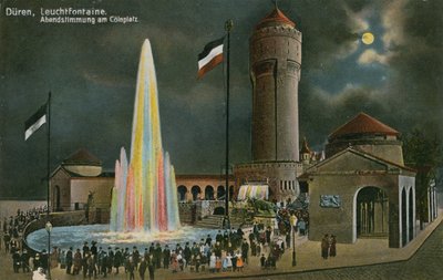 Duren, Leuchtfontaine, iltatunnelma Colnplatzilla. Postikortti lähetetty 20. maaliskuuta 1913. tekijältä German Photographer
