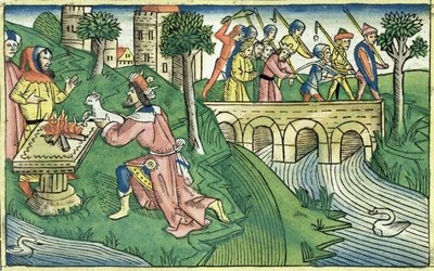 2 Kings 16 9-16 Damaskoksen asukkaat on vangittu Nürnbergin Raamatusta (Biblia Sacra Germanaica) (värillinen puupiirros) tekijältä German School