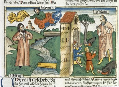 2 Kings 2 1-24 Elia nousee taivaaseen pyörteessä ja karhut syövät Elisaa pilkkasivat pojat, Nürnbergin Raamatusta (Biblia Sacra Germanaica) (värillinen puupiirros) tekijältä German School