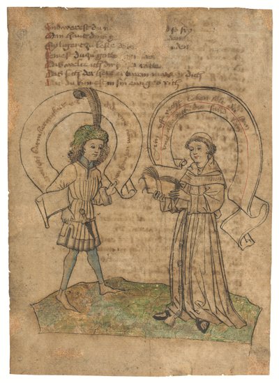 Fransiskaanimunkki ja nuori mies, kuvitus Das Spiegelbuch -kirjan lehdellä, keskikorkeasaksaa, Itä-Svabia, luultavasti Augsburg, noin 1470-luku (muste paperille). tekijältä German School