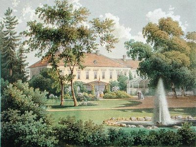 Saksalainen puutarha, teoksesta "Preussin monarkian ritarimaanomistajien maaseutuasunnot, linnat ja asunnot", julkaistu n. 1852-63 (värilitho) tekijältä German School