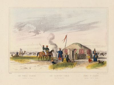 Kalmyk (Länsi-Mongolian) perhe, joka paimen hevosia, kuvalehti, julkaisija Joseph Scholz, Mainz, n. 1860 tekijältä German School