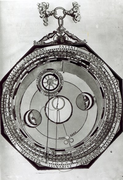 Volvelle, jossa mahdollisesti näkyy Kuun kiertokulku Petrus Apianuksen Astronomicon Caesareumin kuvituksen jälkeen, 1540 tekijältä German School