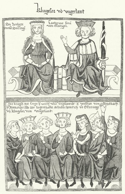 Kuvaus Sangerkriegistä, minstrelien kilpailusta Wartburgin linnassa Thüringenissä vuonna 1207, Codex Manessesta (kaiverrus) tekijältä German School