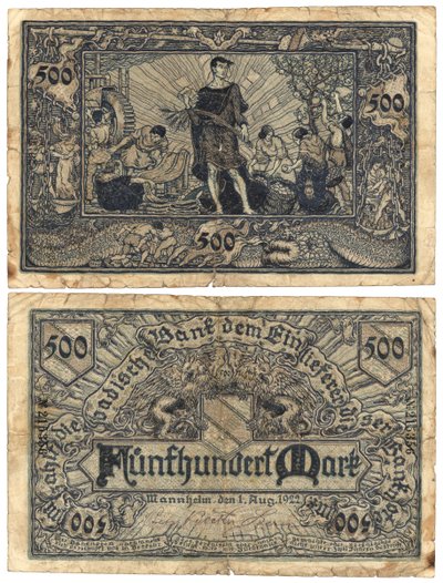 Viidensadan markan seteli, 1922 (recto ja verso) tekijältä German School