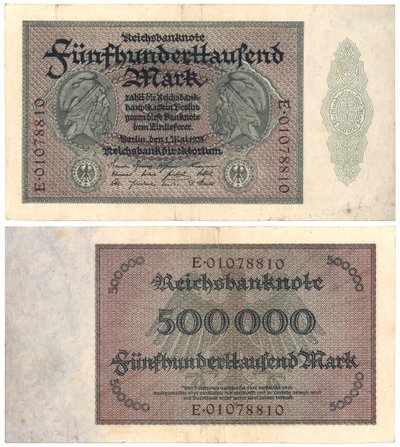 Viidensadan tuhannen markan seteli, 1923 (recto ja verso) tekijältä German School