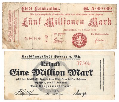 Viiden miljoonan ja miljoonan markan setelit, 1923 tekijältä German School