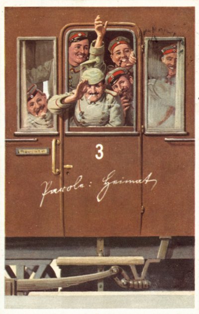 Ryhmä saksalaisia ensimmäisen maailmansodan sotilaita heiluttamassa rautatievaunusta (väri litho) tekijältä German School