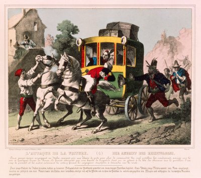 Moottoritiemiehet hyökkäävät häämatkaparin kimppuun Italiassa, Gangel & P. Didionin julkaisema kuvalehti, Metz, n. 1850 tekijältä German School