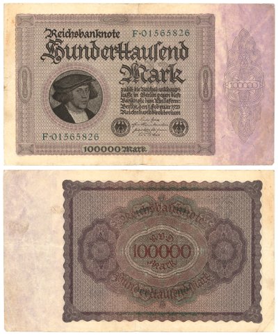 Sadan tuhannen markan seteli, 1923 (recto ja verso) tekijältä German School