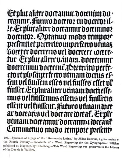 Aelius Donatuksen Grammaire Latinen sivu, kuvitus teoksesta "Tiede ja kirjallisuus keskiajalla ja renessanssilla", kirjoittanut ja kaivertanut Paul Lacroix, 1878 tekijältä German School