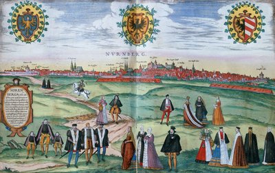 Panoraamanäkymä Nürnbergiin, paikallispukuiset hahmot etualalla, n. 1575 tekijältä German School