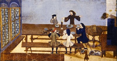 Tavernan sisätila, jossa hahmot juovat, n. 1690 (guassi paperilla) tekijältä German School