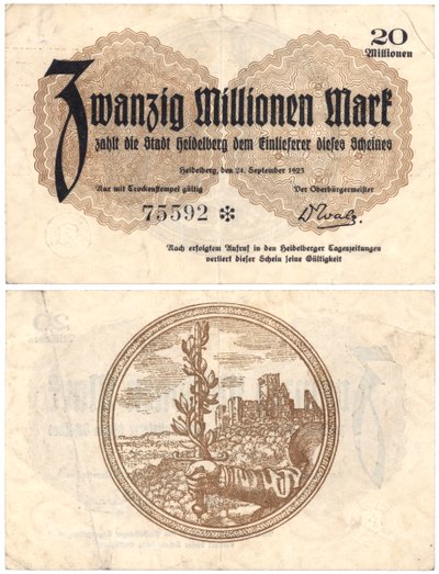 Kahdenkymmenen miljoonan markan seteli, 1923 (recto ja verso) tekijältä German School