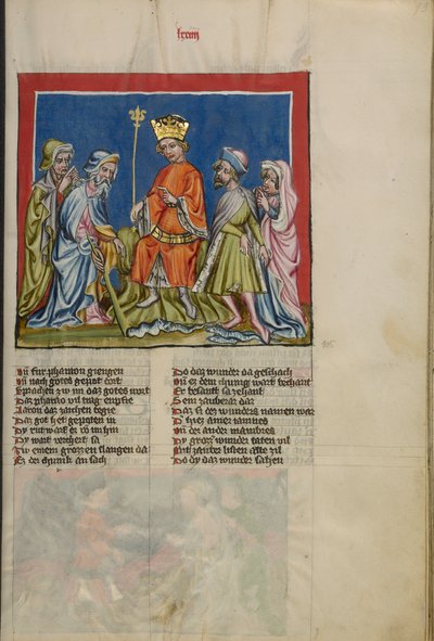 Aaron muuttaa sauvan käärmeeksi teoksesta Weltchronik Ms. 33, fol. 73, n. 1400-10 (tempera, kulta- ja hopeamaali, muste pergamentille) tekijältä German School