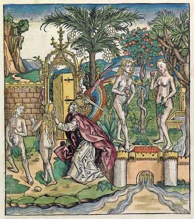 Aadamin ja Eevan karkottaminen Eedenistä, julkaistu Nürnberg Chroniclessa, 1493 tekijältä German School