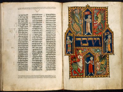 Lisätä. 15282 fol.179v-180 Koristeltu Numeroiden kirjan ensimmäinen sana, "Sussexin herttua saksalaiselta Pentateuchilta", n. 1300 (vellum) tekijältä German School