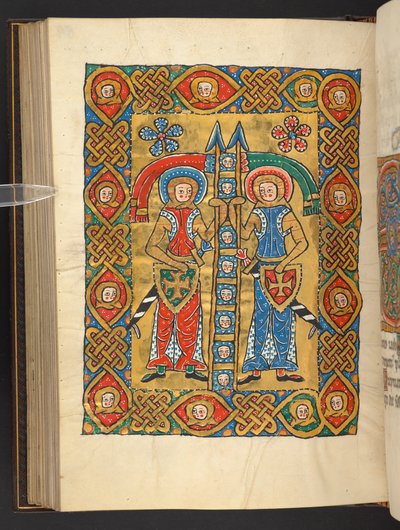 Lisätä. 60629, f.84v Kaksi sotilaspyhimystä toisten pään kanssa (vellum) tekijältä German School
