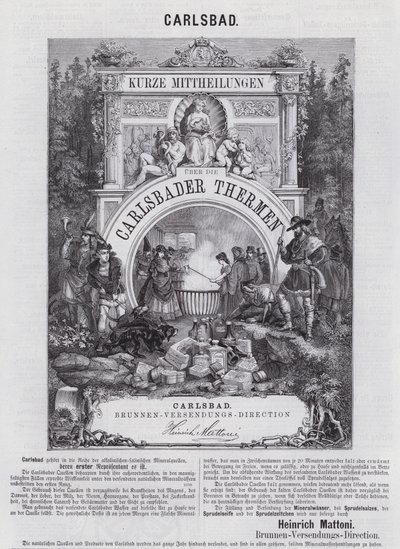 Mainos Mattonin kivennäisvedestä ja muista tuotteista Carlsbadissa (Karlovy Vary), Bohemia (kaiverrus) tekijältä German School