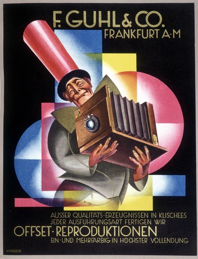 Mainos saksalaiselle kameravalmistajalle Offset. Saksalaisessa sanomalehdessä "" Gebrauchs Graphik". tekijältä German School
