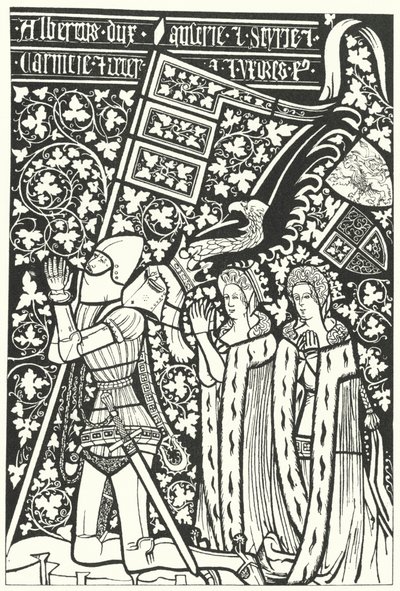 Albert III, Itävallan herttua, kahden vaimonsa, Elisabethin Böömiläisen ja Beatricen Nürnbergilaisen kanssa (kaiverrus) tekijältä German School