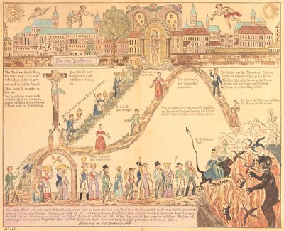 Allegorinen kuvaus kristitystä ja maallisesta elämästä, julkaissut G.N. Benner, Nürnberg, n. 1830 tekijältä German School