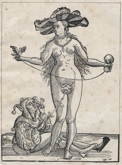 Hulluuden allegooria - allegorie de la folie (Nainen ja typerys) Saksalainen kaiverrus 1500-luvulta. tekijältä German School