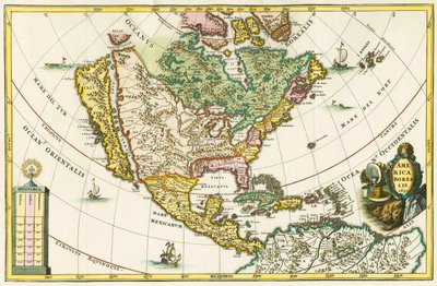 America borealis. Pohjois-Amerikan kartta, jossa Kalifornia on saarena, Heinrich Schererin teoksesta Geographia hierarchica. tekijältä German School