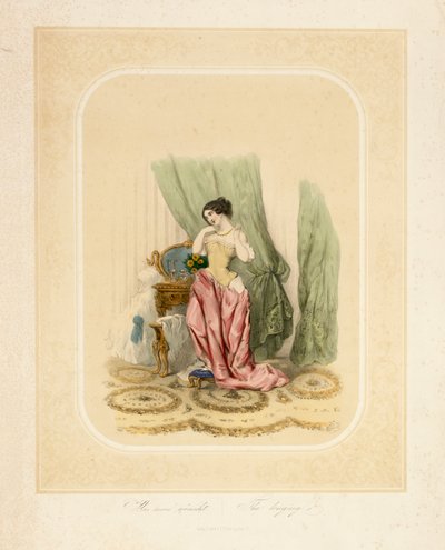 Tyylikäs nainen peilipöytänsä ääressä, painatus F. Sala & Co, Berliini, n. 1850 tekijältä German School