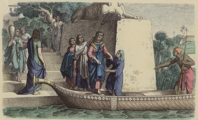 Muinainen egyptiläinen korkea-arvoinen nainen venematkalla (värillinen kaiverrus) tekijältä German School