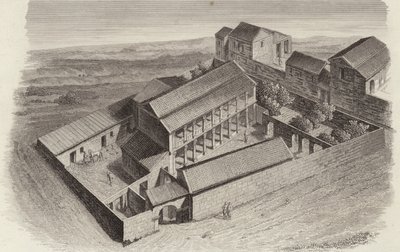 Muinaiset kreikkalaiset talot Moudlejassa, Syyriassa. Kuva Bilder-Atlasista (kaiverrus) tekijältä German School