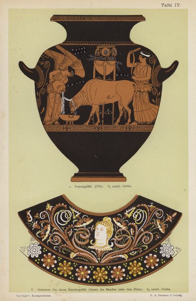 Antiikin kreikkalainen säilytyspurkki ja koriste suitsutusastiasta (väri litho) tekijältä German School