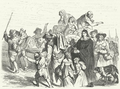 Ranskalaisten hugenottien saapuminen Brandenburgiin sen jälkeen, kun suuri vaaliruhtinas Frederick William antoi Potsdamin ediktin vuonna 1685 (kaiverrus) tekijältä German School