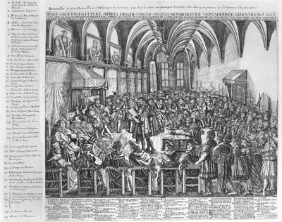 Saksan maineikkaimpien ruhtinaiden konventti piispansalissa Augsbourgissa Kaarle V:n (1500-58) läsnä ollessa 25. kesäkuuta 1530 tekijältä German School
