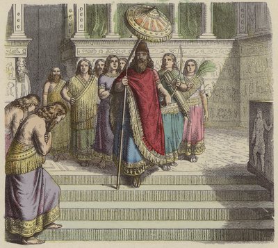 Assyrian kuningas ja hänen seurueensa (värillinen kaiverrus) tekijältä German School
