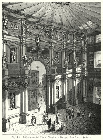 Teatro Olimpicon auditorio ja näyttämö, Piacenza, Italia, suunnitellut Andrea Palladio (kaiverrus) tekijältä German School