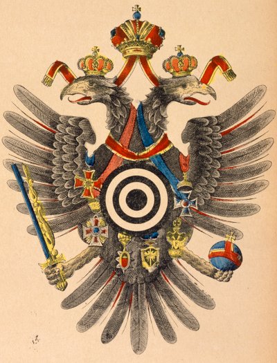Itävalta-Unkarin keisarillinen vaakuna jousiammuntatauluna, n.1865 (värillinen puupiirros) tekijältä German School