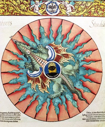 BT1.70.2 Auringonpimennys, kuvitus Astronomicum Caesareumista, kirjoittanut Peter Apian (Bennewitz) (1495-1552) pub. Ingolstadtissa, 1540 (värillinen puupiirros) tekijältä German School
