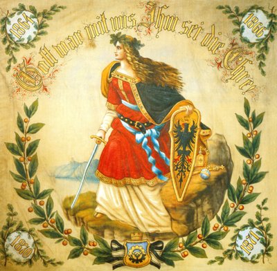Lippu, jossa on yhdistetyn Saksan symboli Germania, noin 1918 (painokuva). tekijältä German School