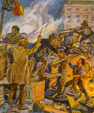 Barrikadenkampf / Barrikaditaistelu (värilitografia) tekijältä German School
