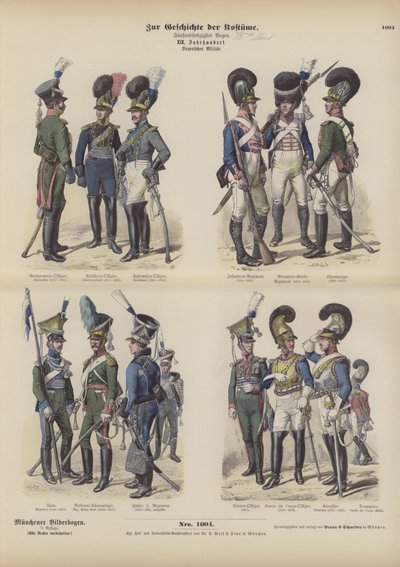 Baijerin armeijan univormut, 1800-luvun alku (värillinen kaiverrus) tekijältä German School