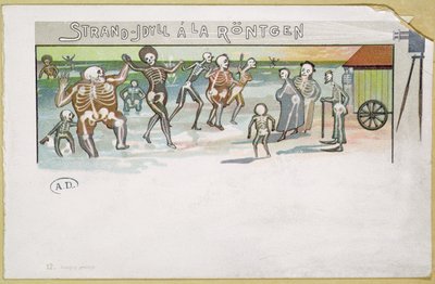 Rantaidylli Rontgen-tyyliin, sarjakuva röntgensäteistä, n.1896-99 (värikaiverrus) tekijältä German School