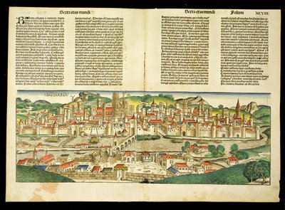 Ratisbonin lintuperspektiivikuva Hartmann Schedelin (1440-1514) Nürnbergin kronikasta 1493 tekijältä German School