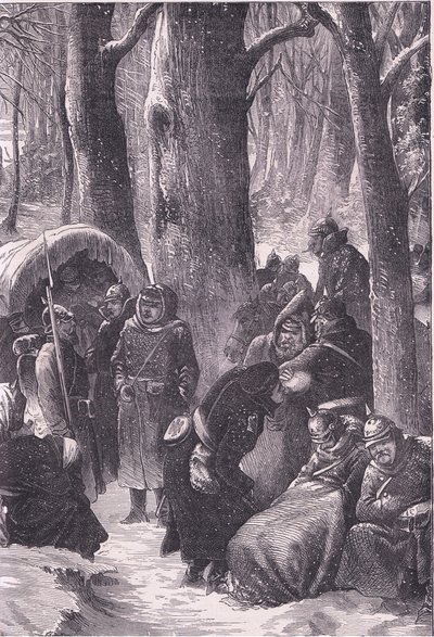 Bivouac lumessa, Cassells History of the War välillä Ranskan ja Saksan välillä, julkaisija Cassell and Company Limited, n. 1890 (litho) tekijältä German School