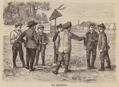 Pojat leikkivät Jaakobinlakkipeliä (kaiverrus) tekijältä German School