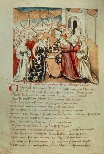 Brunhild astuu Wormsiin; Kriemhild tervehtii Brunhildia ja Guntheria "Hundeshagen Nibelungen Codexista" (vellum) tekijältä German School