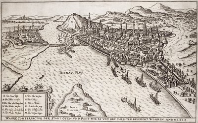 Buda ja Pest kristittyjen piirittämä vuonna 1602, Paul Furstin (n. 1605-1666) kaiverrettu kuva kirjasta ottomaanien sotatoimista Euroopassa tekijältä German School