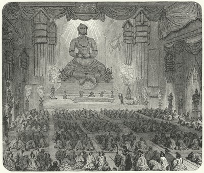 Buddhalaiset palvovat luostarissa Pekingissä (kaiverrus) tekijältä German School